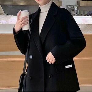 La Chapelle Handmade Wool Blazer Jacket Black Collared Mid-Length Women's Size S